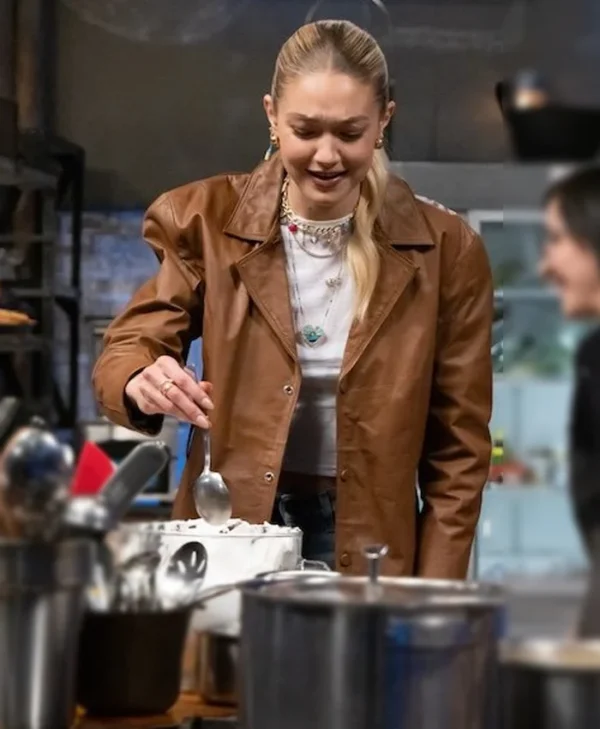 Beat Bobby Flay Gigi Hadid Brown Jacket Side
