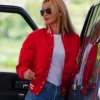Bella Hadid 2025 Red Varsity Jacket Side