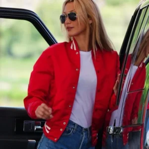 Bella Hadid 2025 Red Varsity Jacket Side