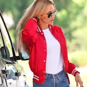 Bella Hadid 2025 Red Varsity Jacket