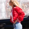Bella Hadid 2025 Red Varsity Jacket Front