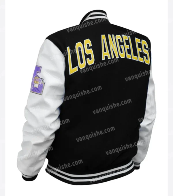 Black And White Wool lakers varsity jacket Back Look