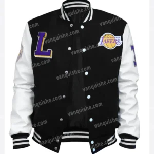 Black And White Wool lakers varsity jacket Front Look