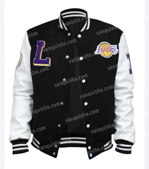 Black And White Wool lakers varsity jacket Front Look