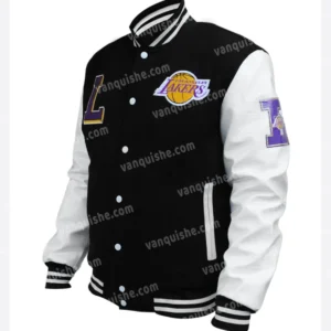 Black And White Wool lakers varsity jacket Side Look