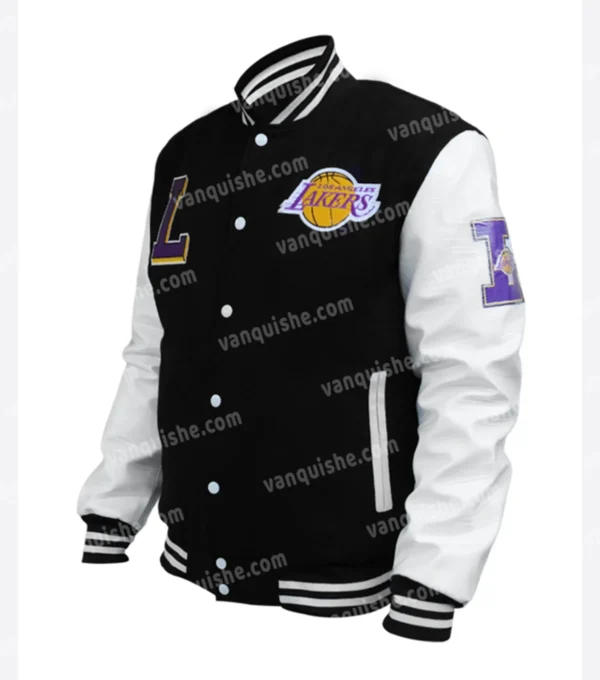 Black And White Wool lakers varsity jacket Side Look
