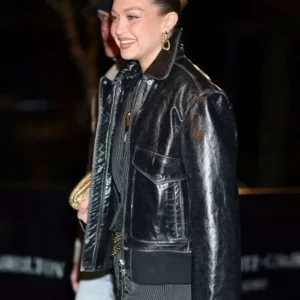 Gigi Hadid NYC 2025 Black Leather Jacket