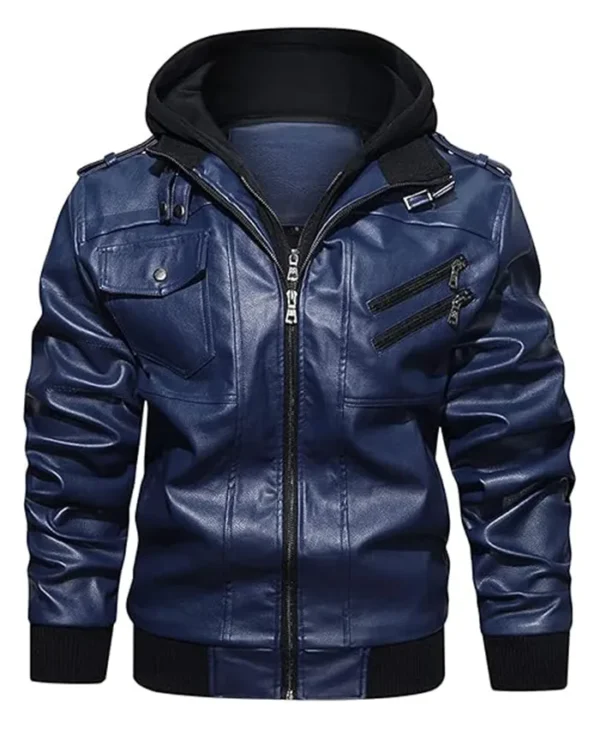 Mens Biker Removable Hood Bomber Navy Blue Jacket