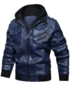 Mens Removable Hood Biker Bomber Navy Blue Jacket For Sale