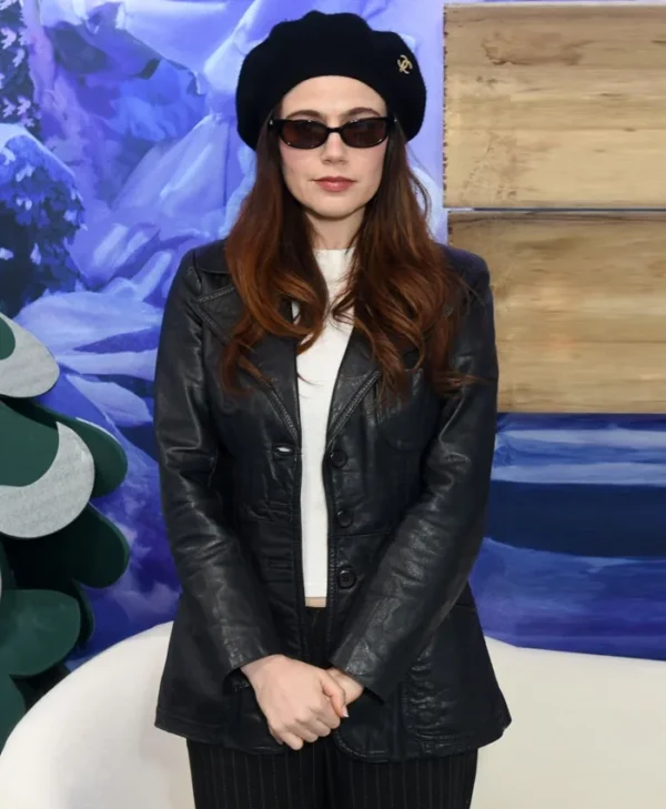 Oh Hi! Molly Gordon Black Leather Blazer Side