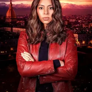 To Get Her 2025 Amber Stevens West Red Leather Jacket Front
