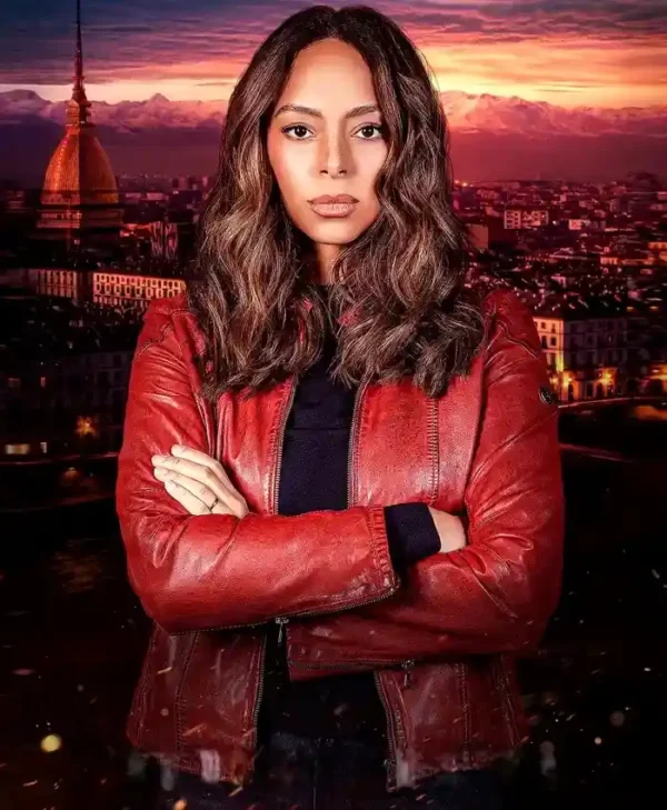 To Get Her 2025 Amber Stevens West Red Leather Jacket Front