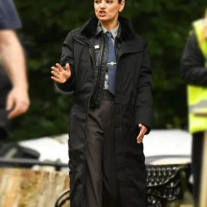 Wake Up Dead Man Mila Kunis Black Trench Coat Side