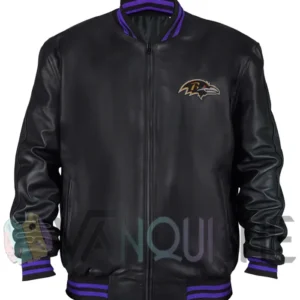 Baltimore Ravens Black Leather Bomber Jacket Front Look