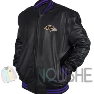 Baltimore Ravens Black Leather Bomber Jacket Front Look
