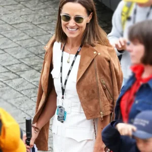 F1 Pippa Middleton Brown Suede Leather Jacket Side