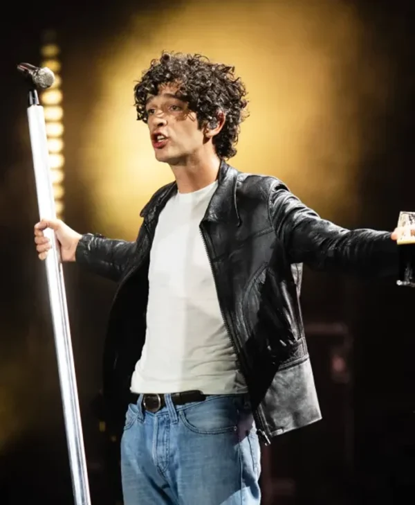 Glastonbury Matty Healy Black Leather Jacket Front