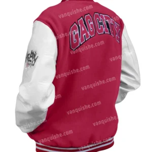 Nicki Minaj Pink Letterman Wool Jacket Back Look