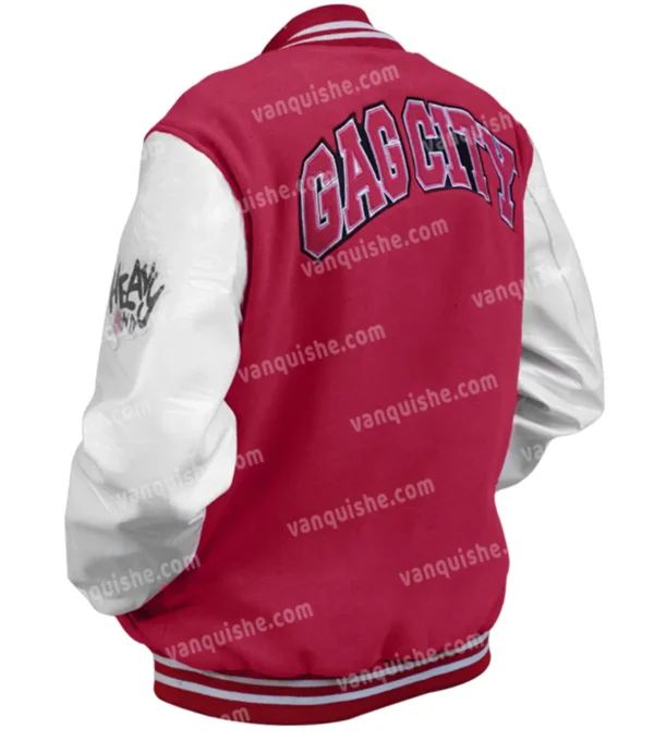 Nicki Minaj Pink Letterman Wool Jacket Back Look