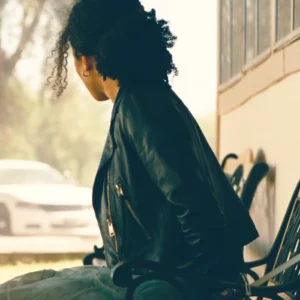 One Battle After Another Chase Infiniti Black Leather Jacket Back