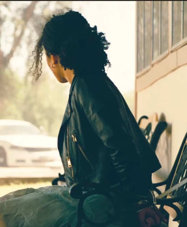 One Battle After Another Chase Infiniti Black Leather Jacket Back