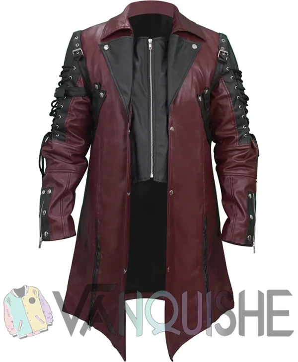 Steampunk Gothic Costume Coat, Halloween Black and Marron Leather Jacket front