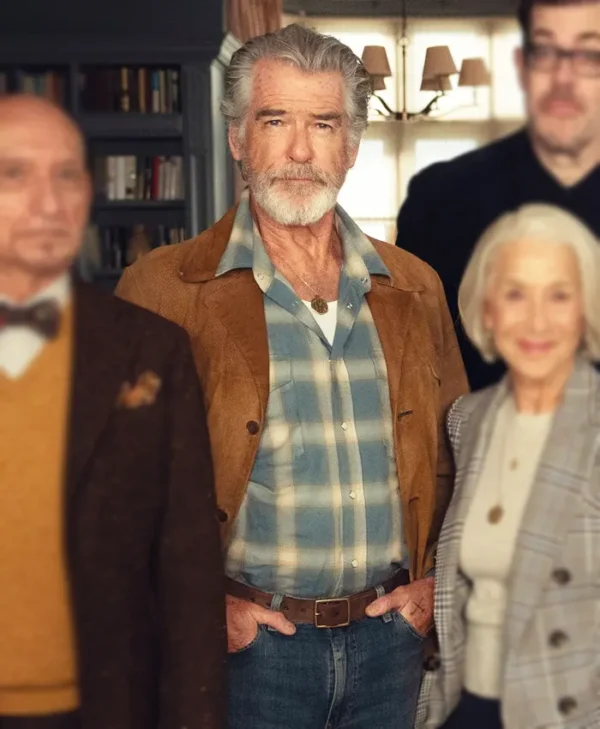 The Thursday Murder Club Pierce Brosnan Brown Suede Leather Jacket