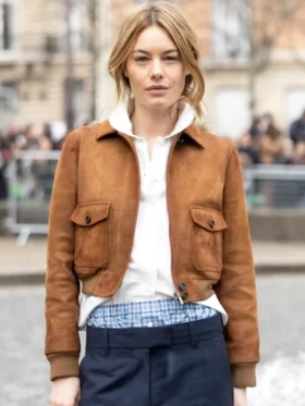 Camille Rowe Paris Fashion Brown Bomber Leather Jacket Side