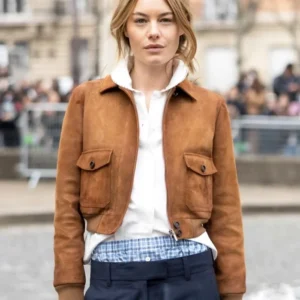 Camille Rowe Paris Fashion Brown Bomber Leather Jacket Side