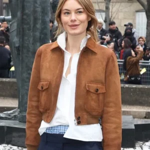 Camille Rowe Paris Fashion Brown Bomber Leather Jacket