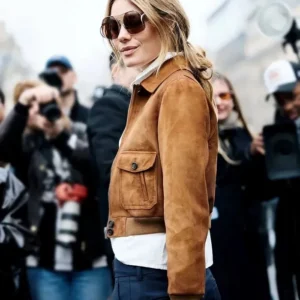Camille Rowe Paris Fashion Brown Bomber Leather Jacket Front