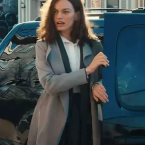 Ella McCay Emma Mackey Grey Trench Coat Front