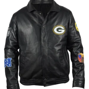 Green Bay Packers Leather Jacket black closeup