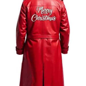 Men's Merry Christmas Red Trench Leather Coat Front