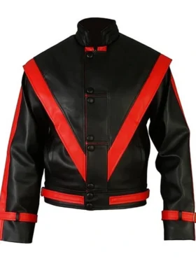 Michael Jackson Red Stripe Black Leather Jacket Side