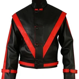 Michael Jackson Red Stripe Black Leather Jacket Side