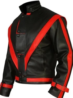 Michael Jackson Red Stripe Black Leather Jacket Front