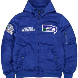 Seattle Seahawks Blue Hooded Bomber Jacket Back