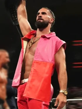 Seth Rollins WWE Raw 2025 Pink Leather Vest Back