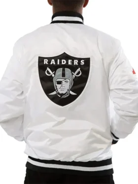 Shop American Football Las Vegas Raiders White Varsity Bomber Jacket on Sale