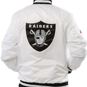 Shop American Football Las Vegas Raiders White Varsity Bomber Jacket on Sale