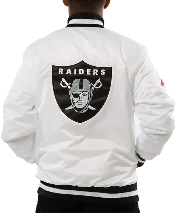 Shop American Football Las Vegas Raiders White Varsity Bomber Jacket on Sale