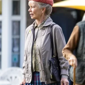 The Thursday Murder Club Celia Imrie Grey Jacket Side