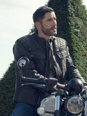 The Thursday Murder Club Tom Ellis Black Jacket Side