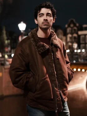 A Very Jonas Christmas Movie Joe Jonas Brown Shearling Jacket
