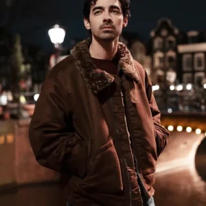 A Very Jonas Christmas Movie Joe Jonas Brown Shearling Jacket