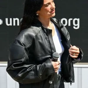 Dua Lipa Goodwood Festival Black Leather Jacket Front