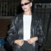 Hailey Bieber NYC 2025 Black Leather Jacket Side