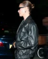 Hailey Bieber NYC 2025 Black Leather Jacket