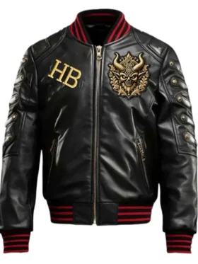 Halloween Gothic Devil Black Bomber Leather Jacket Back